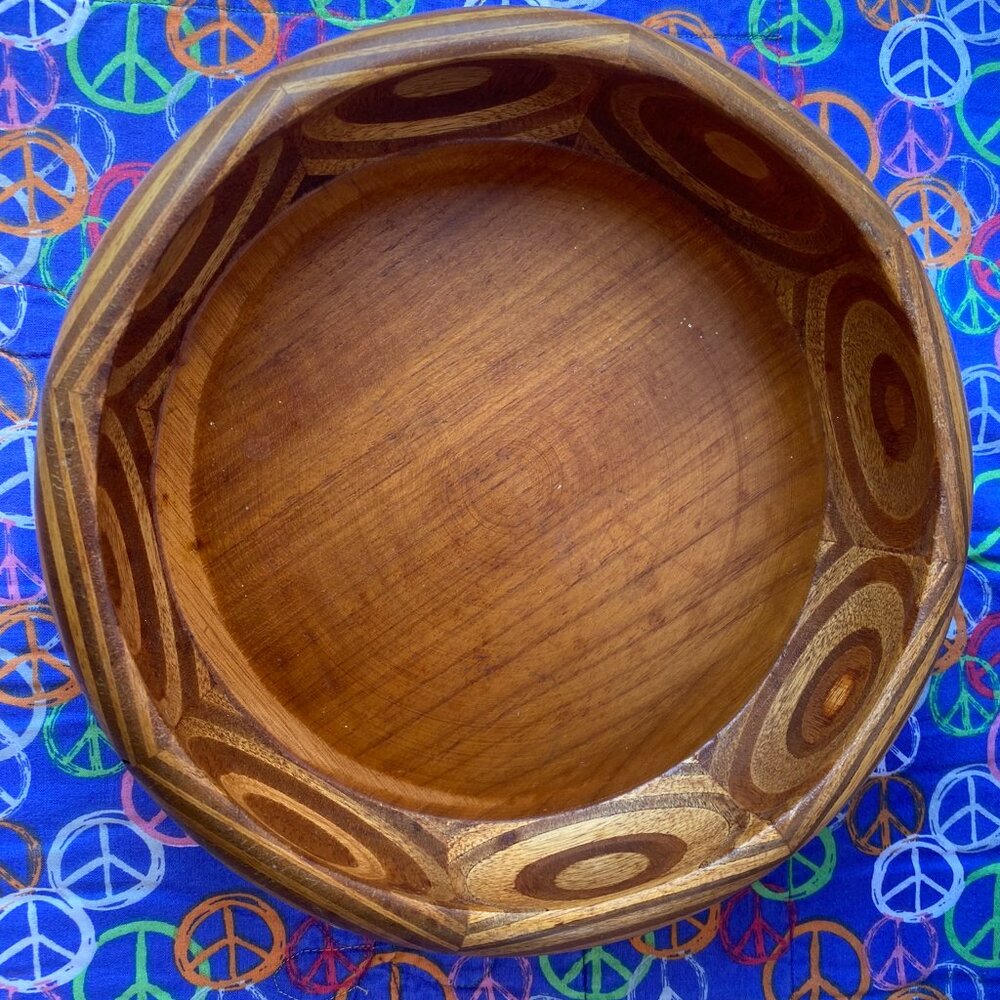Vintage Mid Century Multitone Turned Tropical Wood Display Bowl Hand Crafted